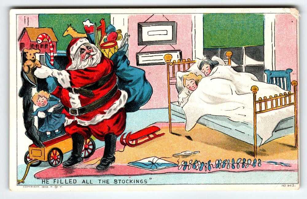 Santa Claus Christmas Postcard He Filled All The Stockings Kids Sleeping 1908